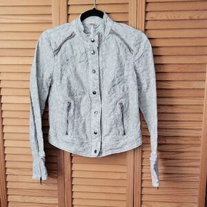 Free People Textured Grey Brocade Floral Zip Snap Front Biker Moto Jacket Size 2
